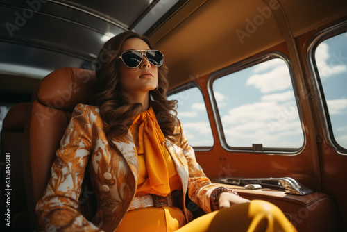 Successful stylish woman caucasian model in retro style clothes flying in an airplane in business class
