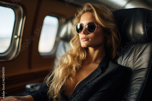 Successful stylish woman flying in airplane in business class, sexy young businesswoman in glasses sitting in vip room © Sergio