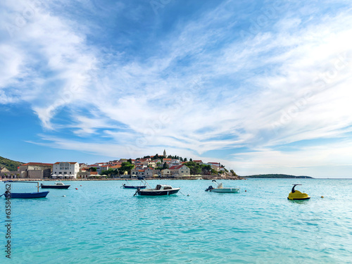 Primosten, old town in Croatia at dawn. You can see the sky and the sea.