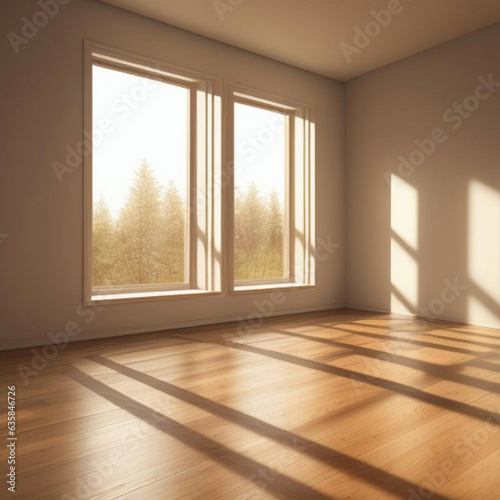 Room interior illuminated by natural daylight shining through windows. Generative AI