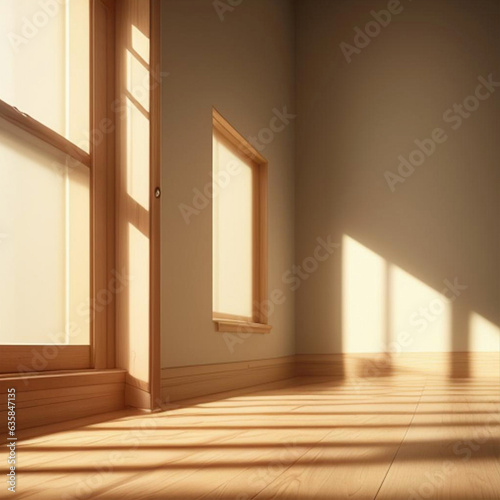 Room interior illuminated by natural daylight shining through windows.  Generative AI
