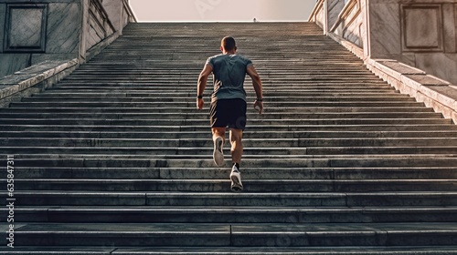 Back view of big muscle man fictional running up the stair