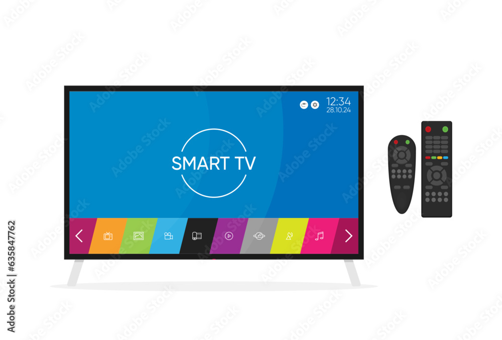 Vector smart tv concept - illustration in flat style with apps and video player on screen and remote control