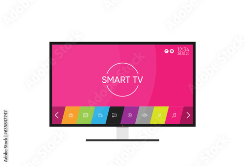 Vector smart tv concept - illustration in flat style with apps and video player on screen and remote control