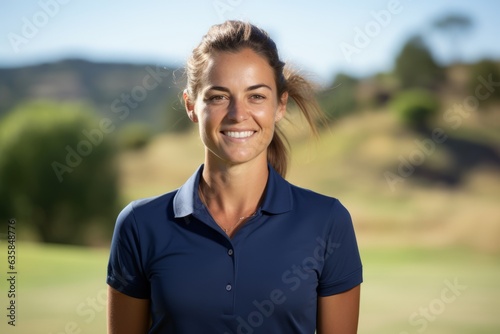 Portrait of smiling female golfer standing on golf course on sunny day