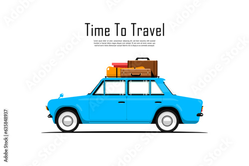 Time to travel, Side view personal car with suitcase on isolated background, Vector illustration.