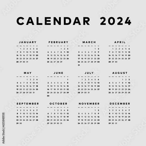 Simple calendar 2024, week start sunday template. 