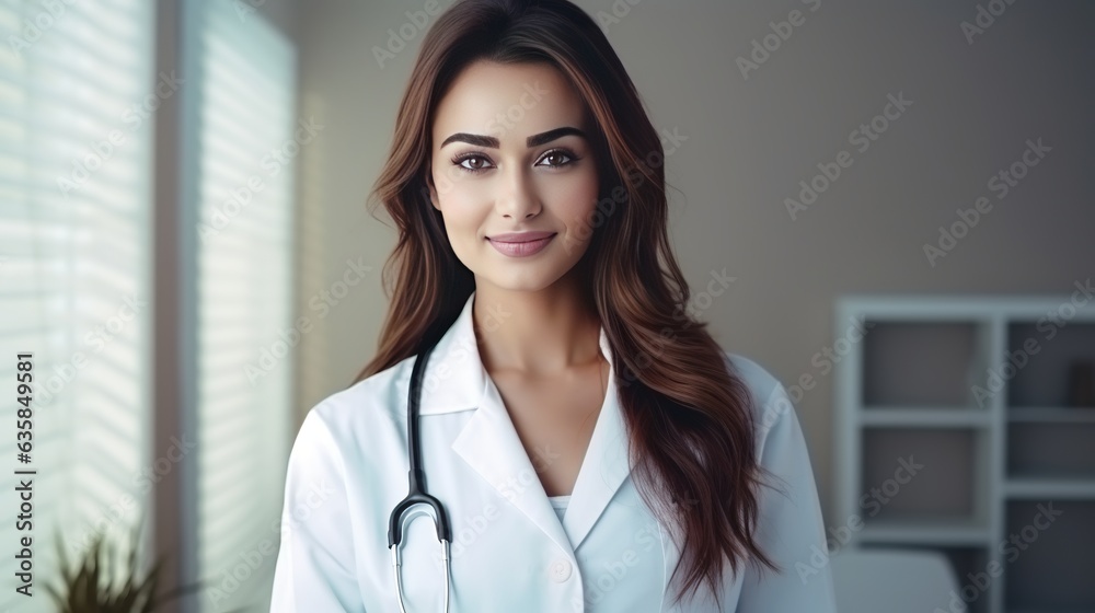 Medical concept of Indian beautiful female doctor in white coat with stethoscope, waist up. Medical student. Woman hospital worker looking at camera and smiling, studio, blue background Medical concept of Indian beautiful female doctor in white coat with stethoscope, waist up. Medical student. Woman hospital worker looking at camera and smiling, studio, blue background