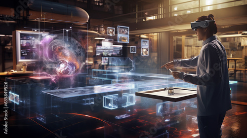 A Lady working on virtual table in high tech office