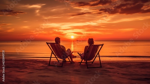 Couple fiction sitting on the armchair looking at the sunset on the beach 