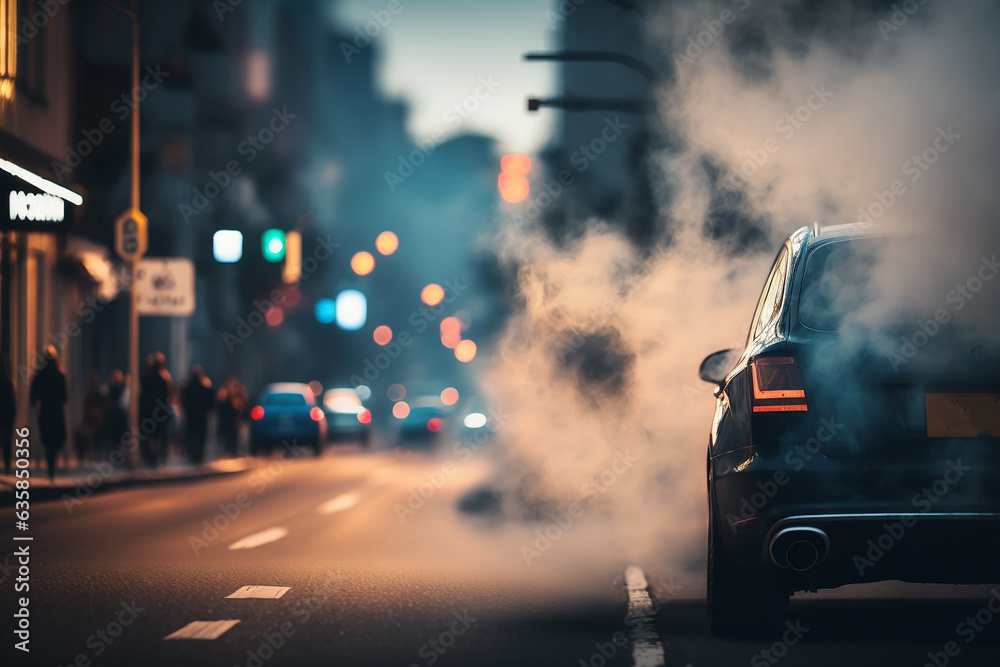 Automobile is blowing out some smoke on the street with buildings in the background, generative ai