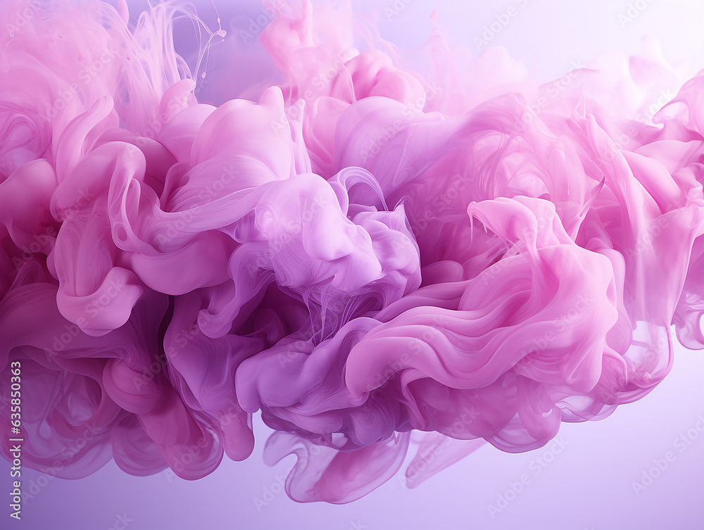 motion of the smoke in water, colorful ink abstraction, pastel purple and pink swiring in, fancy cloud of smoke under water abstract background