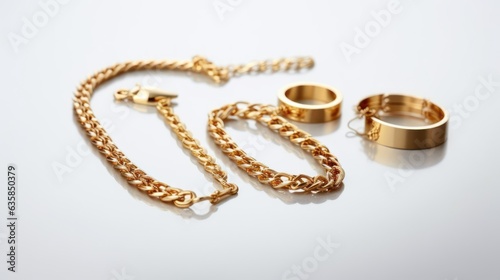 Gold ring and bracelet on white background 