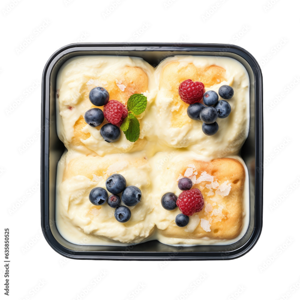 Cottage cheese puddings in a lunchbox top view isolated on transparent background. Generative AI
