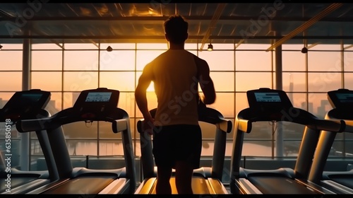 Rear view of young man fictional doing exercise in the gym 