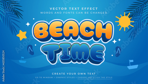 Vector Editable 3D fun beach time text effect. Blue orange bubble typography graphic style on summer background