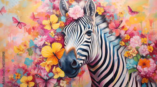  happy cute zebra in flower blossom atmosphere golden oil paint abstract art