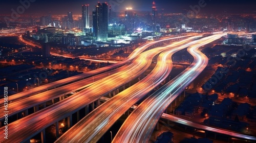 High speed trails light on the highway to the city 