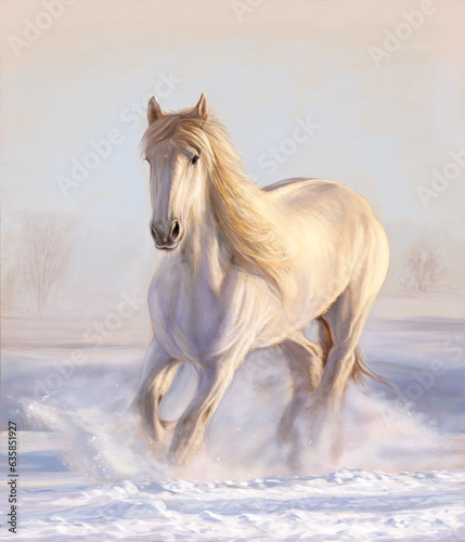 A white horse races towards me across the snowy field on a sunny winter day, its mane trembling in the breeze.