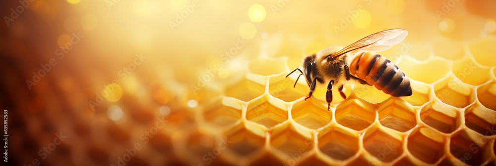 close up of honey bee on a honeycomb - obrazy, fototapety, plakaty 