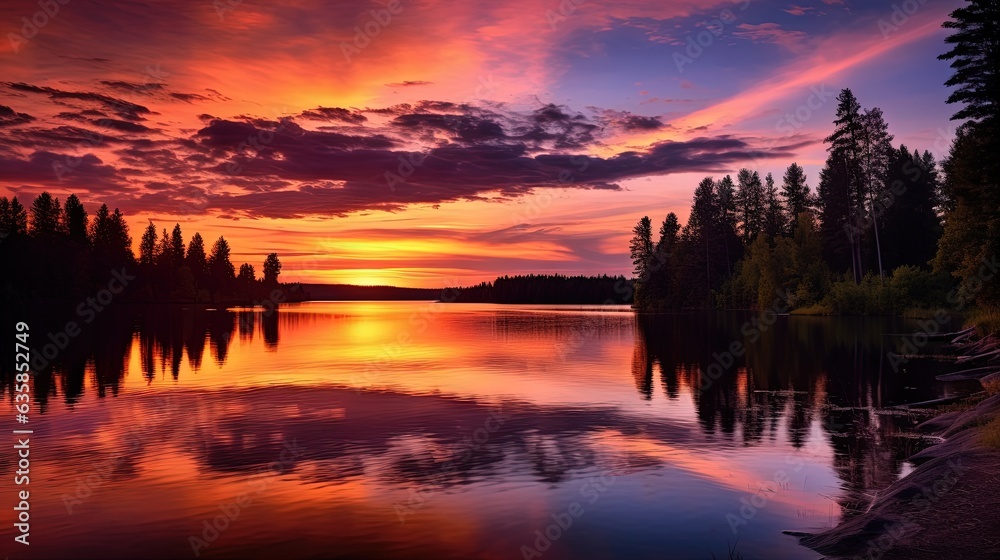  a beautiful sunset over a lake with trees in the foreground.  generative ai