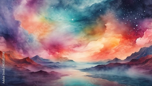an abstract watercolor background that embodies the feeling of a dreamy and colorful landscape.