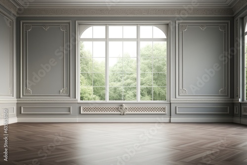  a classical empty room with wooden floors  gray walls  white moulding  and a window overlooking nature.