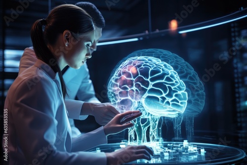 Two hard working neuroscientists working with computer-powered VFX Hologram of human brain