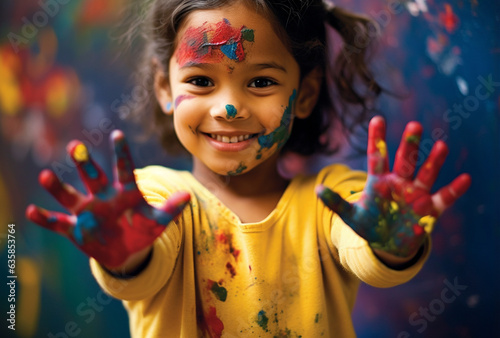 Adorable Little Girl with Painted Face and Hands Showing Her Colorful Hands - AI generated