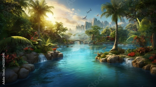  a painting of a river surrounded by palm trees and a bridge.  generative ai