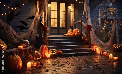 Dekorierter Hauseingang und Gehweg zu Halloween, Decorated house entrance and sidewalk for Halloween