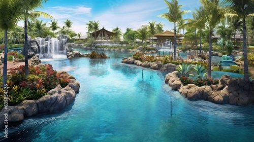  a tropical resort with a waterfall and a waterfall pool surrounded by palm trees.  generative ai