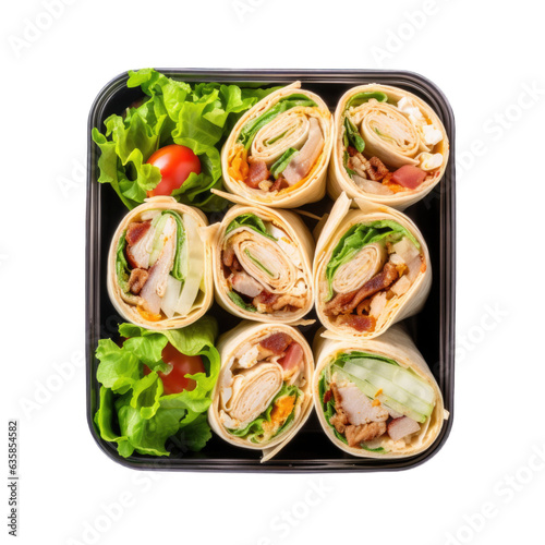 Mini chicken wrap sandwiches in a lunchbox top view isolated on transparent background. Generative AI