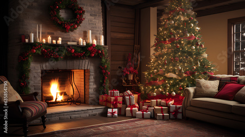 fireplace decorated with christmas decorations and christmas tree in living room