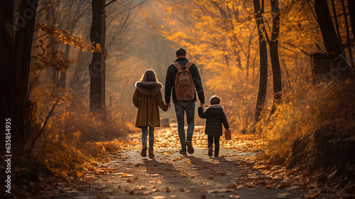 father with two children walking with a path on a autumn forest. © EvhKorn