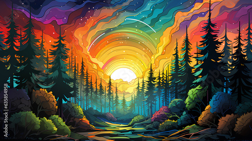 colorful forest in the mountains. illustration