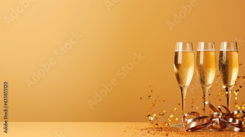 champagne glasses with golden bokeh light background 