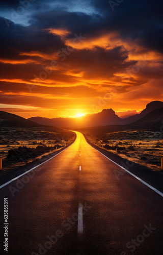 Road in the desert at sunset, Arizona, United States of America. created by generative AI technology.