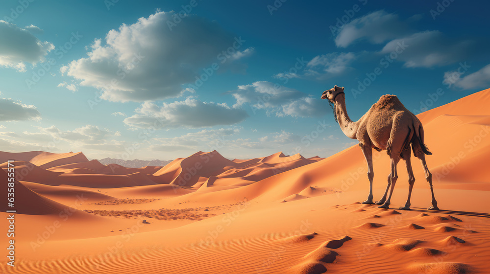 Camels in the Sahara desert, created by generative AI technology. Camels in the Sahara desert, created by generative AI technology.