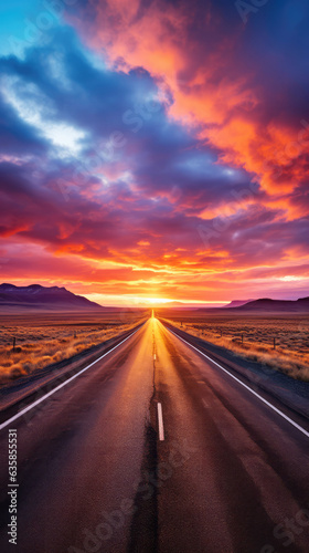 Road in the desert with orange sky and clouds at sunset, USA. created by generative AI technology. © hakule