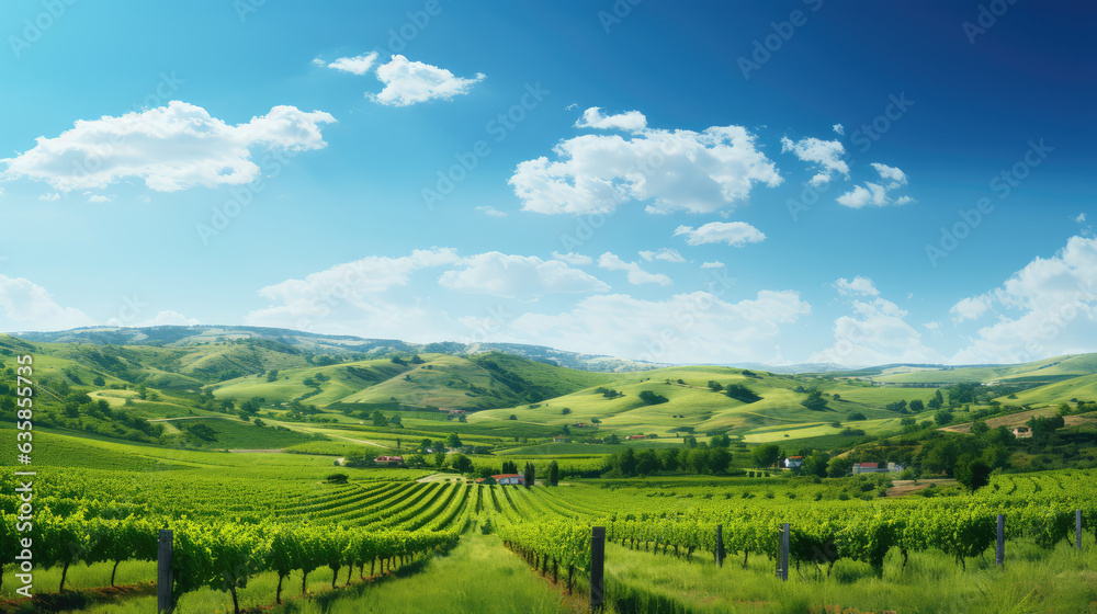 Landscape of vineyard in green hills and blue sky with clouds. created by generative AI technology.
