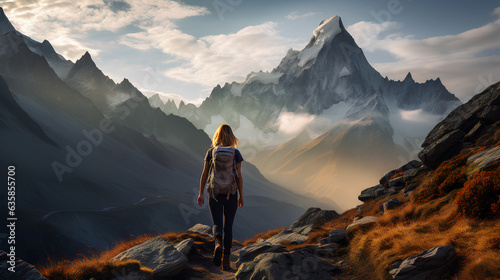 girl with backpack in the mountains, freedom concept.