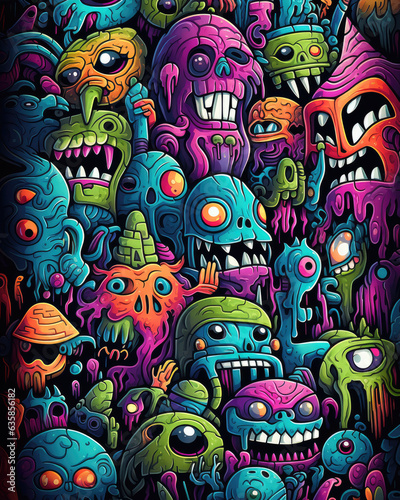 Cartoon cute doodles hand drawn monsters seamless pattern. Vector illustration. created by generative AI technology.