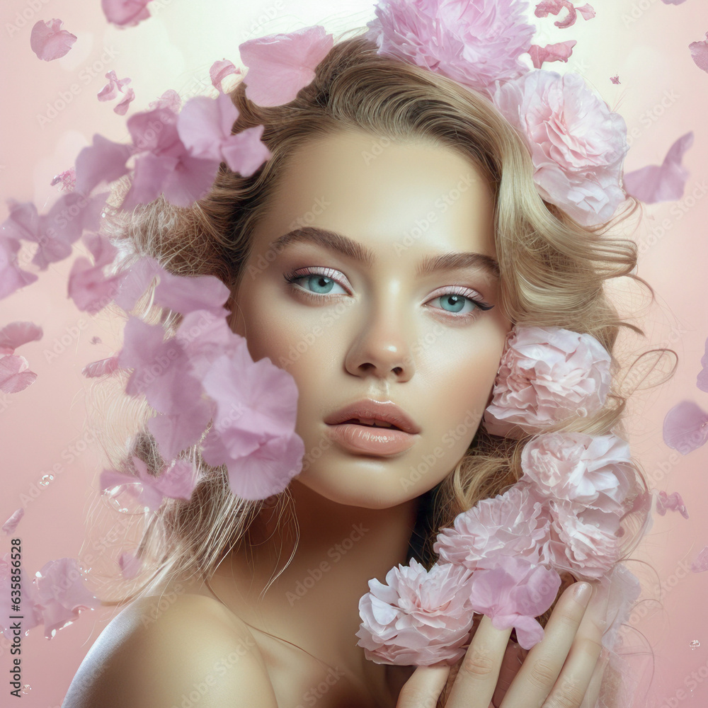 Fashion portrait of a beautiful young woman with pink flowers in her hair, pink background. Beauty, fashion. Girl with modern creative makeup and hairstyle. Artistic portrait. Fashion portrait of a beautiful young woman with pink flowers in her hair, pink background. Beauty, fashion. Girl with modern creative makeup and hairstyle. Artistic portrait.