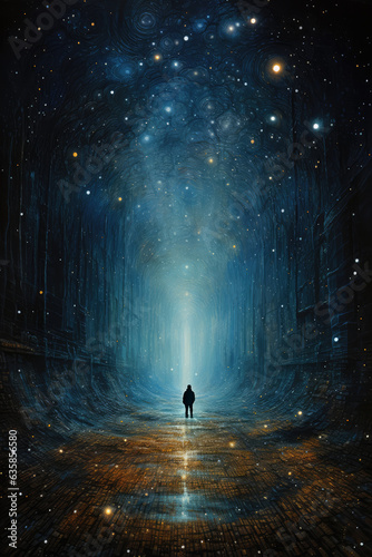 Man in front of a tunnel of stars. created by generative AI technology.