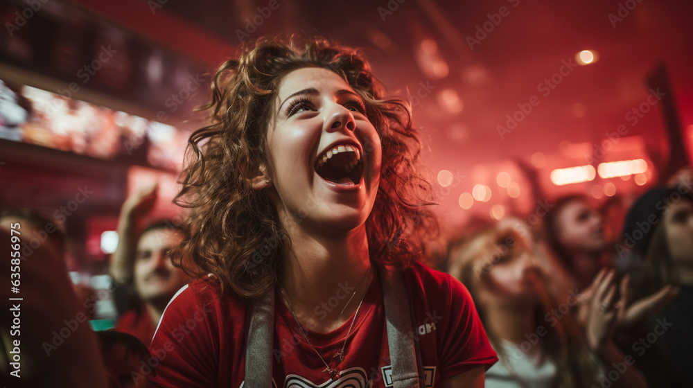 An image of a female fan raising her phone to capture the victorious moment, a mix of awe and delight in her eyes, hockey fan, victory Generative AI