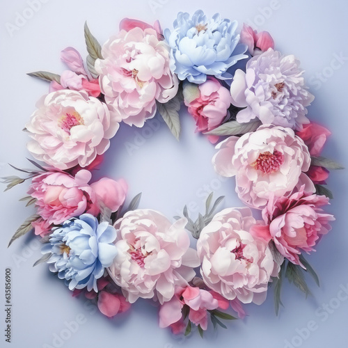 Frame wreath of pink peony flowers, branches, leaves and petals with space for text on a blue background. Flat lay, top view.