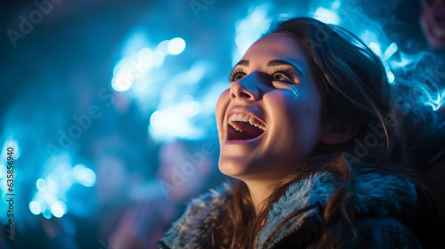A close-up of a female fan's face illuminated by the glow of her team's victory, capturing her uncontainable excitement, hockey fan, victory Generative AI