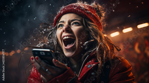 An image of a female fan raising her phone to capture the victorious moment, a mix of awe and delight in her eyes, hockey fan, victory Generative AI