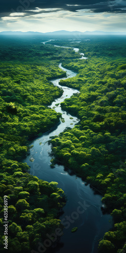 Aerial view of the mountain river in the forest, created by generative AI technology. © hakule
